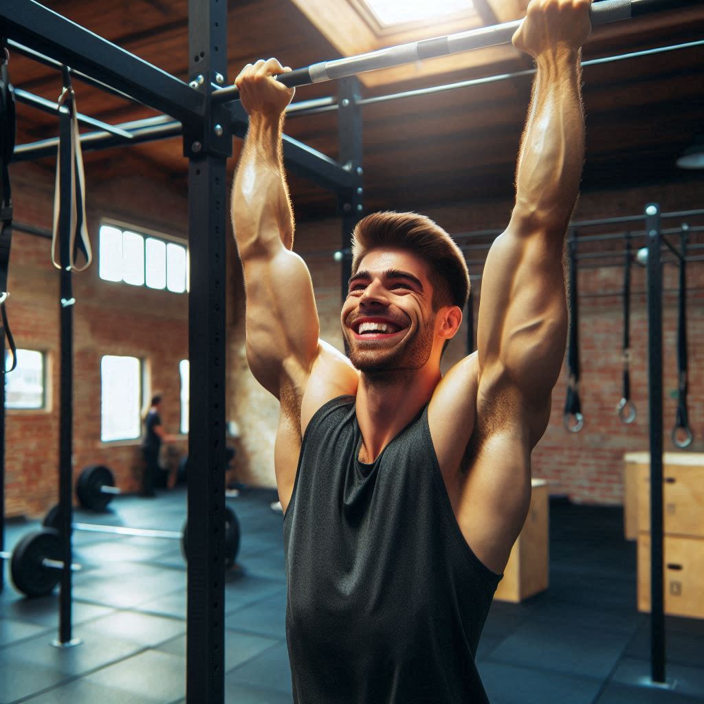 una persona animada sacando su primera dominada en un gimnasio